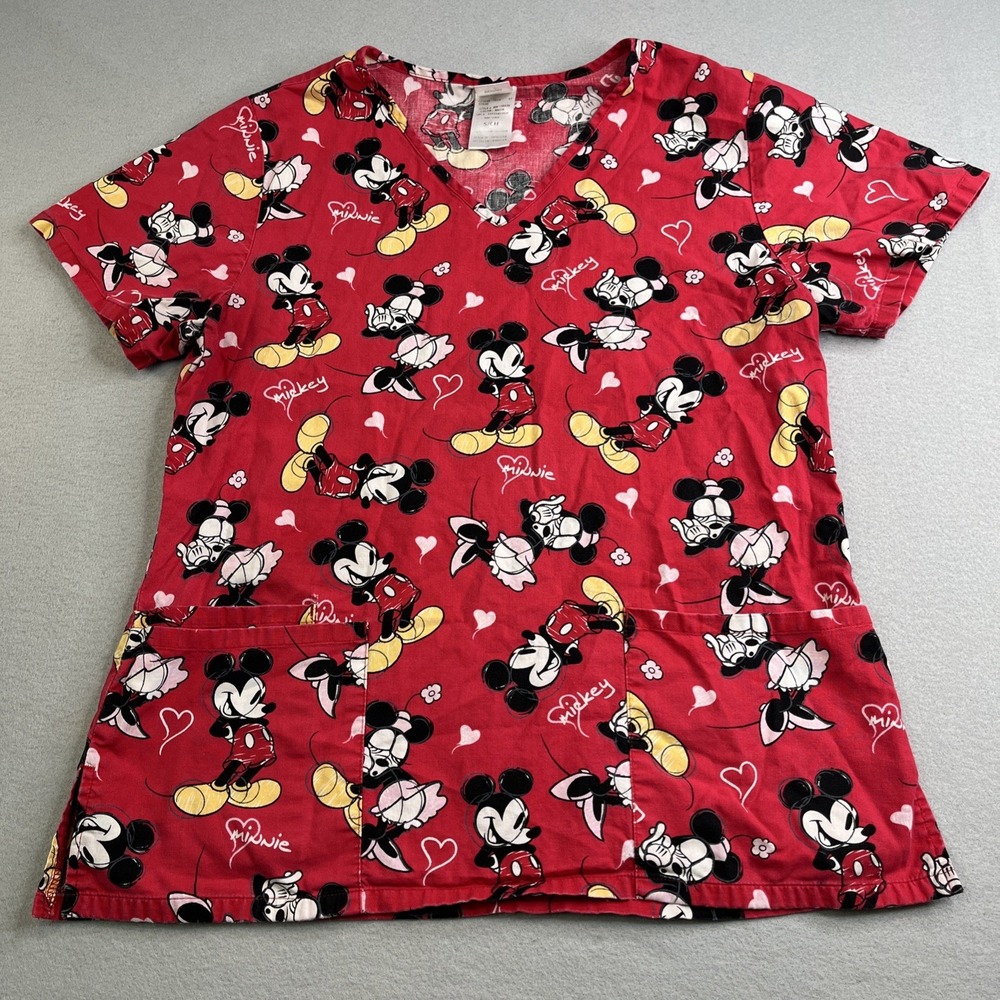 Disney Scrubs Women's Small Mickey Mouse Minnie Red Nurse Shirt